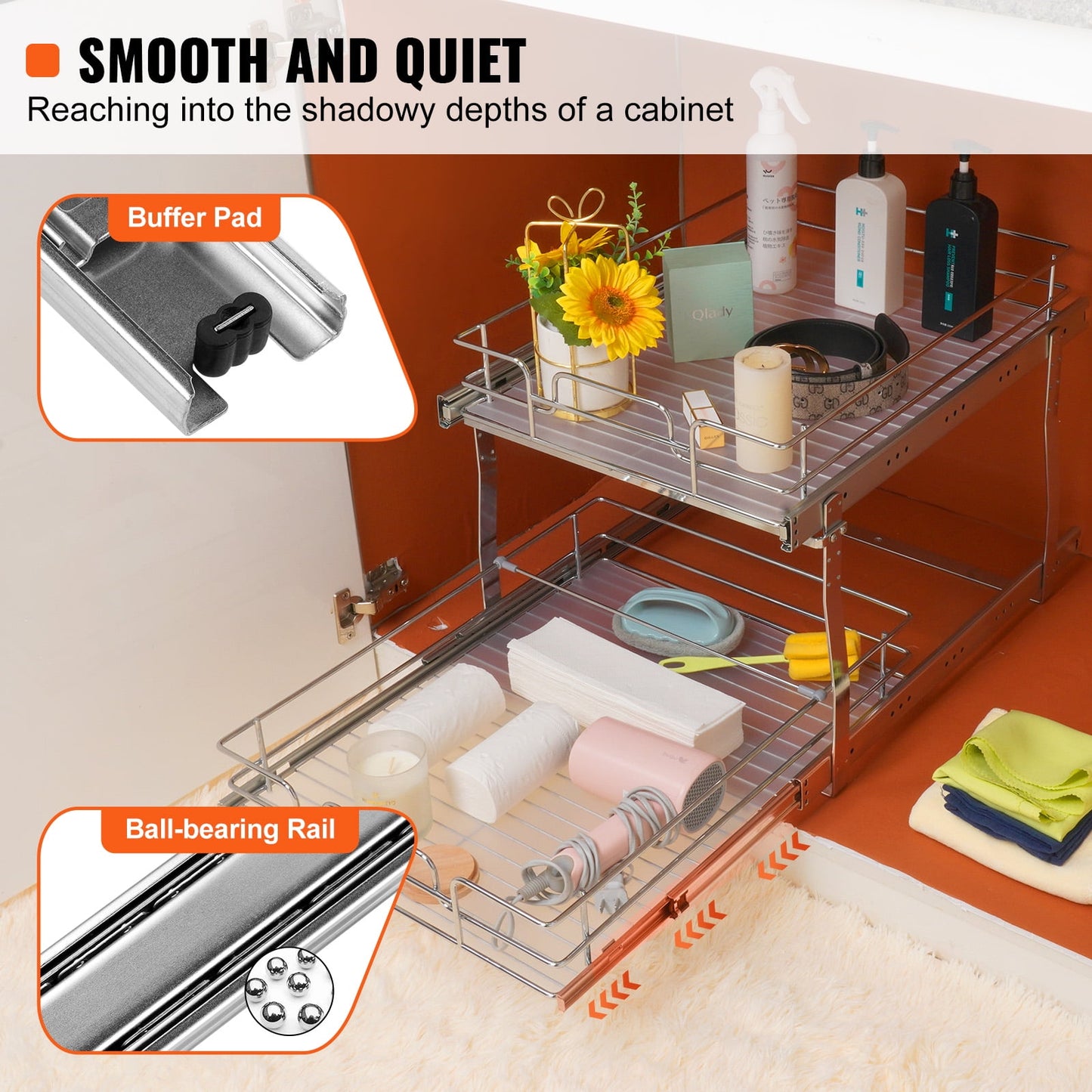 KFFKFF 2-Tier Pull-Out Cabinet Organizer, 17"Wx21"Dx15"H Sliding Storage Shelves, Durable Steel Roll-Out Drawers for Home, Fits 18.5"Wx22"Dx18"H Cabinet Installation