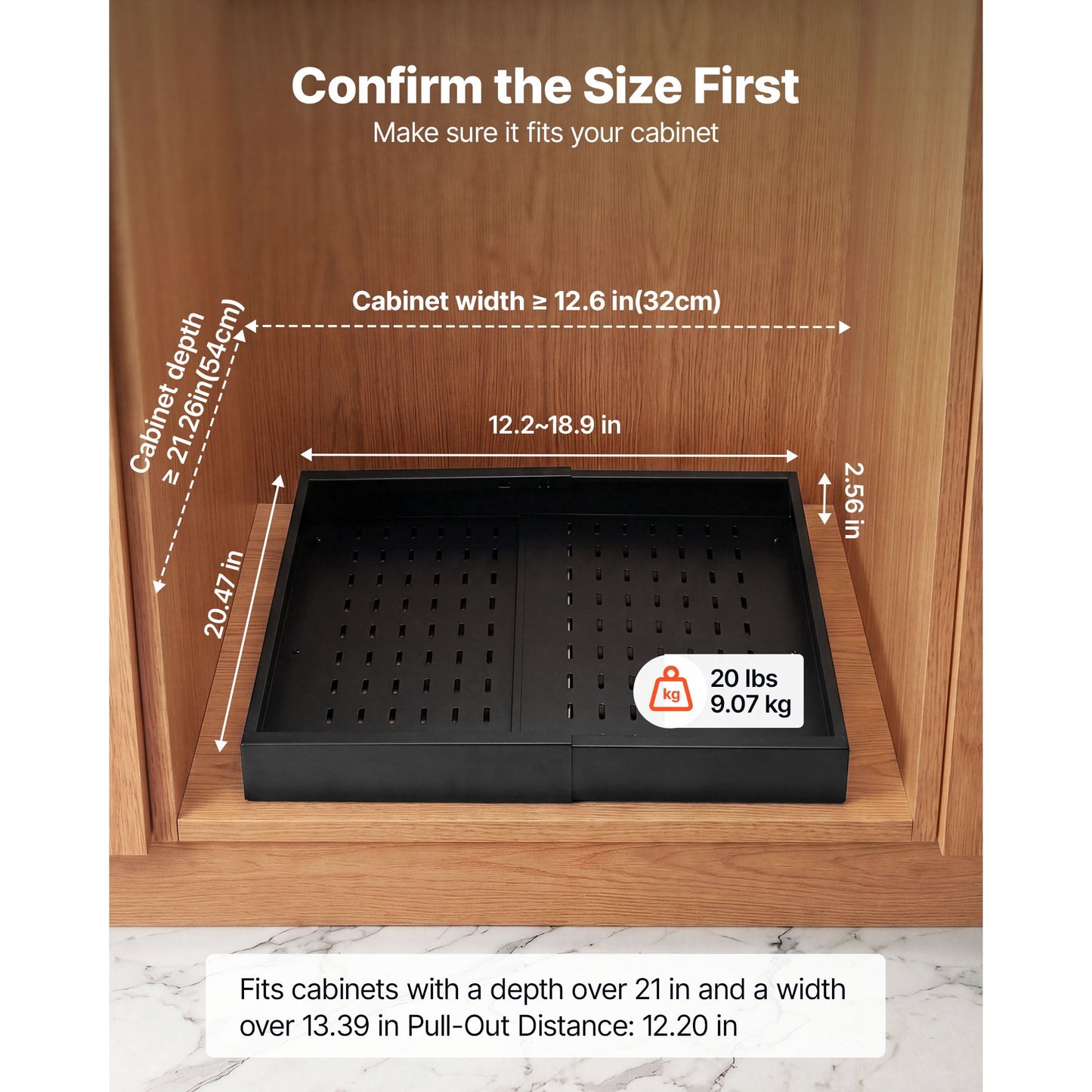 KFFKFF Pull-Out Cabinet Organizer, 4-Pack Adjustable Width (12.2"-18.9"), 20.47" Deep Sliding Drawers for Kitchen and Pantry Cabinets, Includes Nano Adhesive Strips, Black
