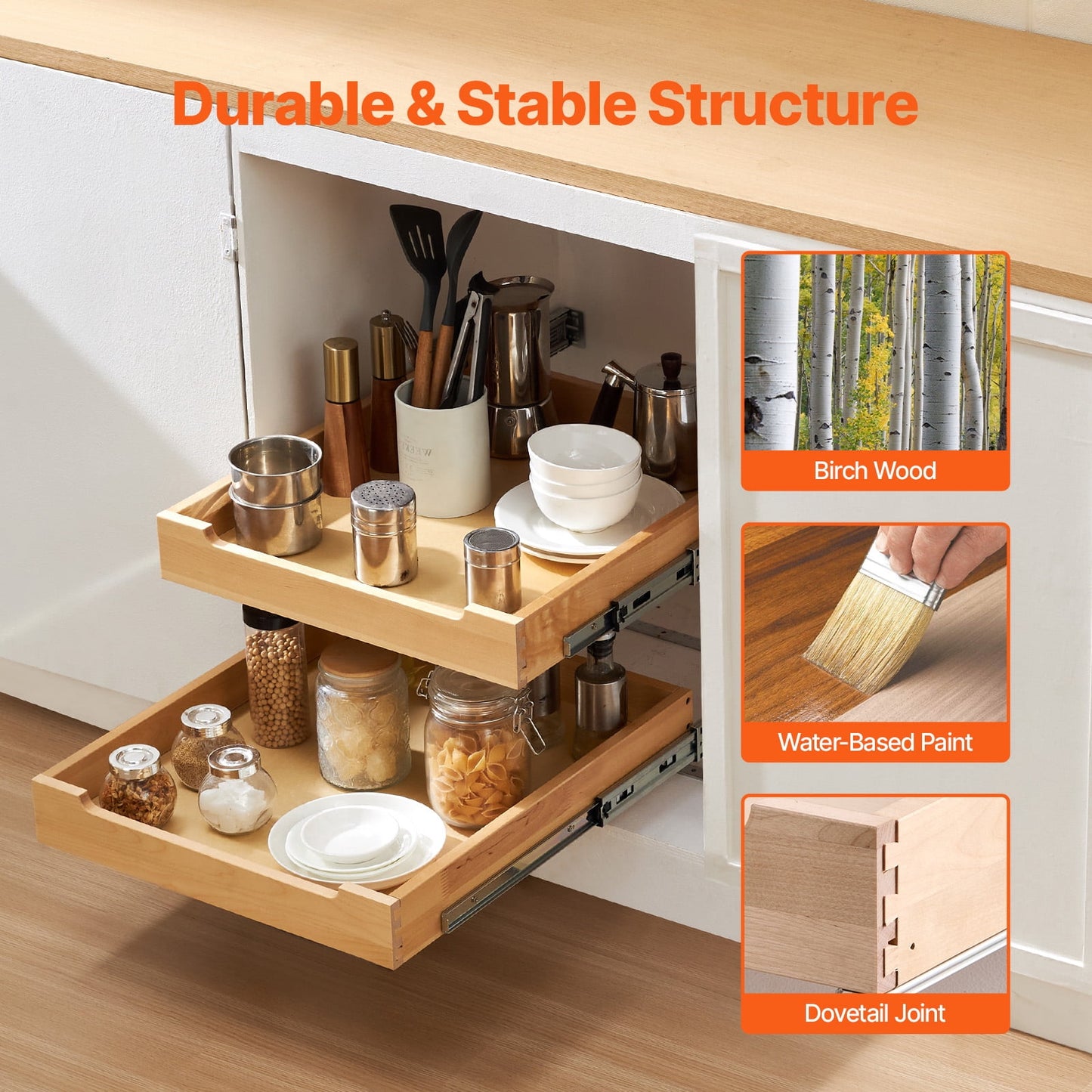 KFFKFF 2-Tier Pull-Out Cabinet Organizer, 20"W x 21"D Sliding Drawer, Soft-Close Shelf, Durable Wooden Design, Adjustable Base for Kitchen, Pantry, or Bathroom Storage