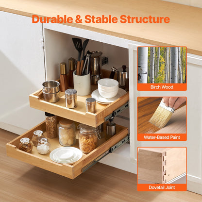 KFFKFF 2-Tier Pull-Out Cabinet Organizer, 20"W x 21"D Sliding Drawer, Soft-Close Shelf, Durable Wooden Design, Adjustable Base for Kitchen, Pantry, or Bathroom Storage