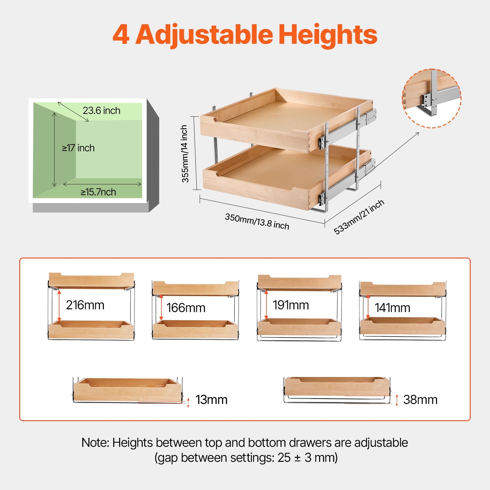 KFFKFF 2-Tier Pull-Out Cabinet Organizer, 20"W x 21"D Sliding Drawer, Soft-Close Shelf, Durable Wooden Design, Adjustable Base for Kitchen, Pantry, or Bathroom Storage
