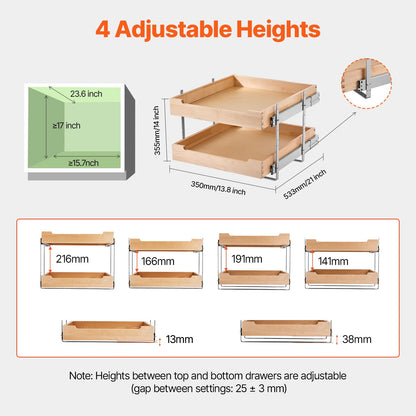KFFKFF 2-Tier Pull-Out Cabinet Organizer, 20"W x 21"D Sliding Drawer, Soft-Close Shelf, Durable Wooden Design, Adjustable Base for Kitchen, Pantry, or Bathroom Storage