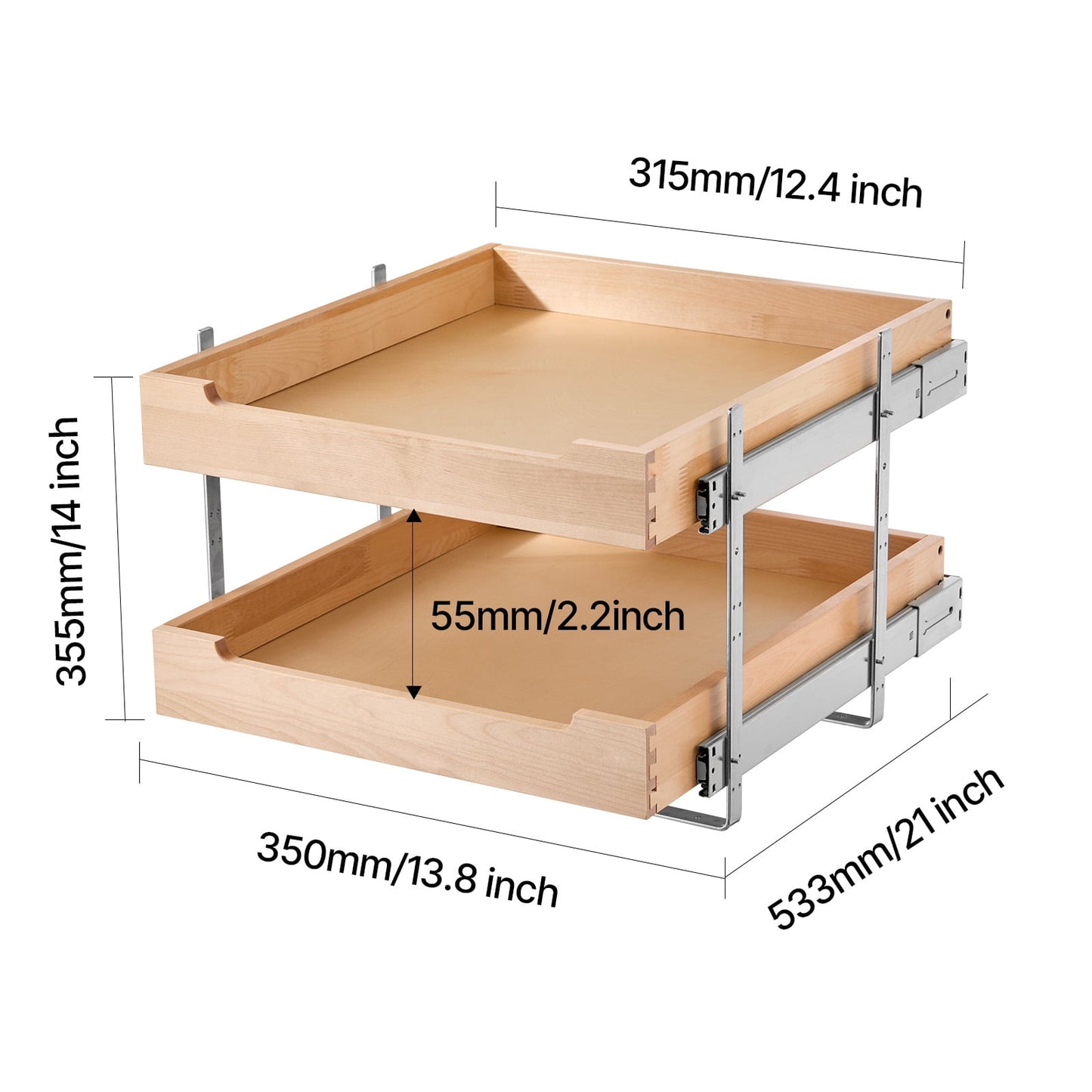 KFFKFF 2-Tier Pull-Out Cabinet Organizer, 20"W x 21"D Sliding Drawer, Soft-Close Shelf, Durable Wooden Design, Adjustable Base for Kitchen, Pantry, or Bathroom Storage