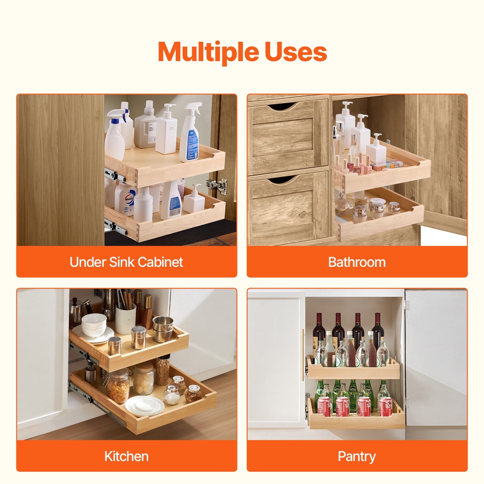 KFFKFF 2-Tier Pull-Out Cabinet Organizer, 20"W x 21"D Sliding Drawer, Soft-Close Shelf, Durable Wooden Design, Adjustable Base for Kitchen, Pantry, or Bathroom Storage