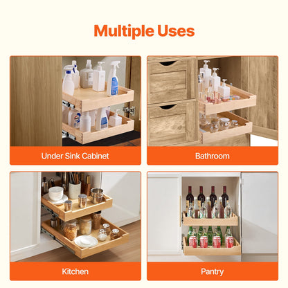 KFFKFF 2-Tier Pull-Out Cabinet Organizer, 20"W x 21"D Sliding Drawer, Soft-Close Shelf, Durable Wooden Design, Adjustable Base for Kitchen, Pantry, or Bathroom Storage