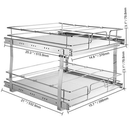 KFFKFF 2-Tier Pull-Out Cabinet Organizer, 17"Wx21"Dx15"H Sliding Storage Shelves, Durable Steel Roll-Out Drawers for Home, Fits 18.5"Wx22"Dx18"H Cabinet Installation