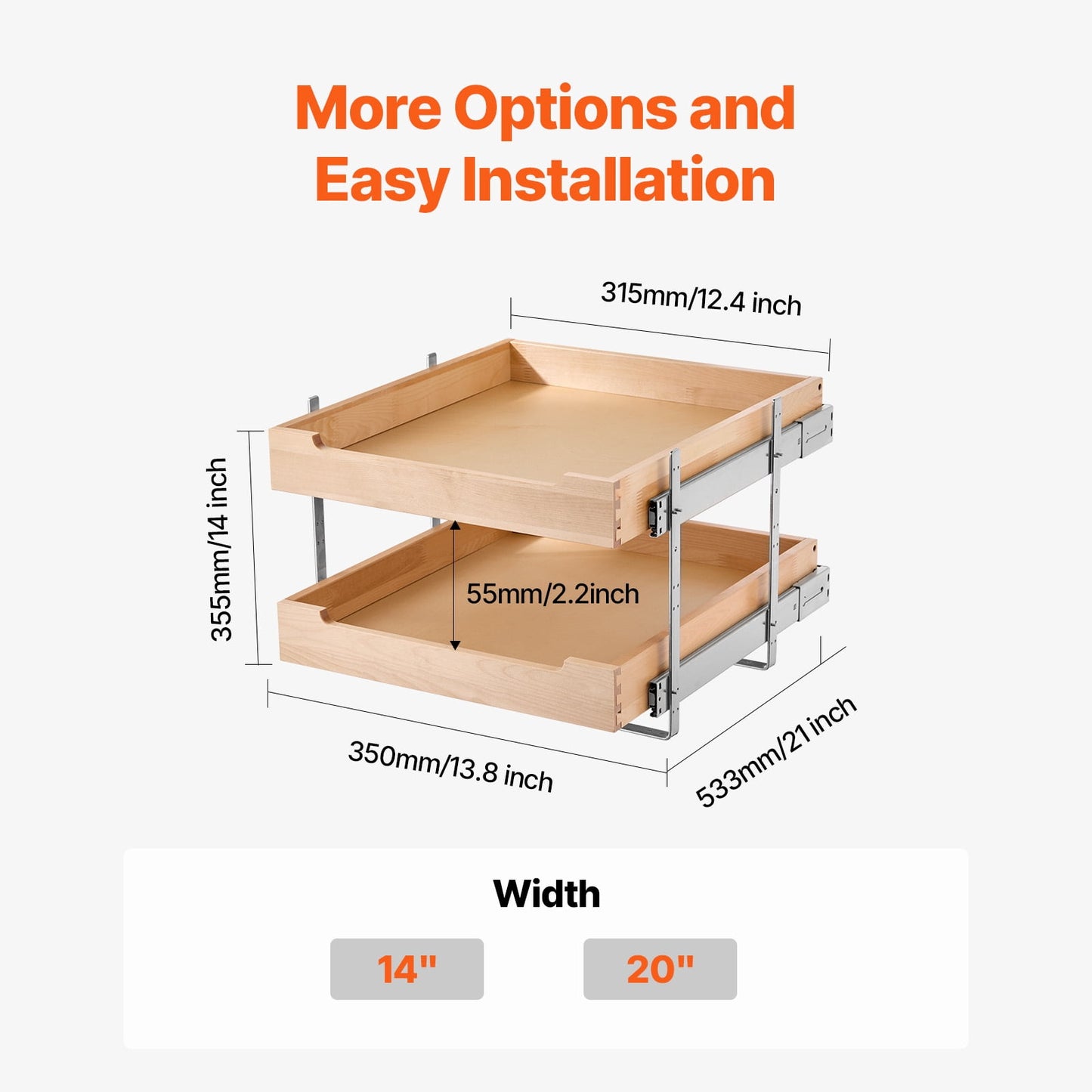 KFFKFF 2-Tier Pull-Out Cabinet Organizer, 20"W x 21"D Sliding Drawer, Soft-Close Shelf, Durable Wooden Design, Adjustable Base for Kitchen, Pantry, or Bathroom Storage