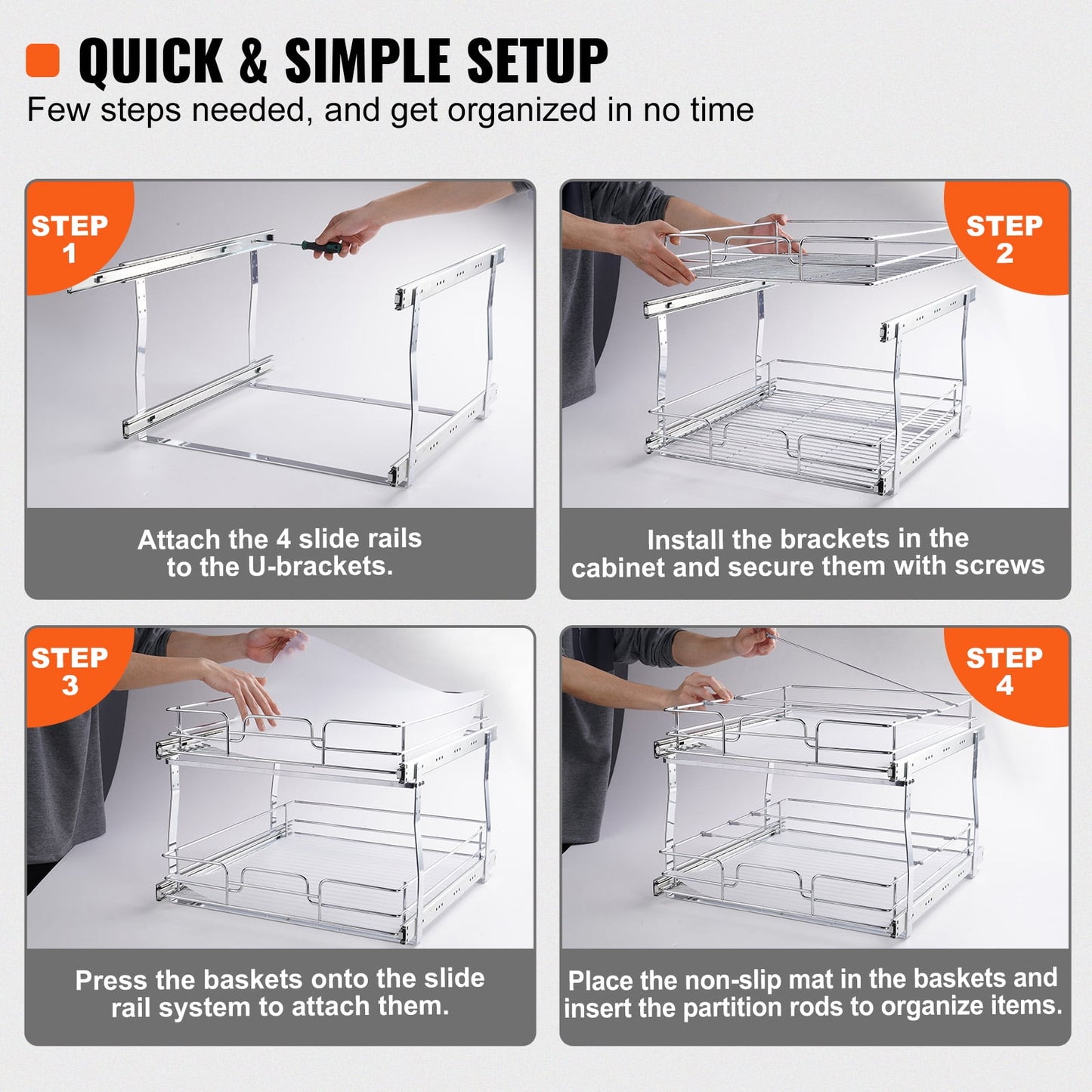 KFFKFF 2-Tier Pull-Out Cabinet Organizer, 17"Wx21"Dx15"H Sliding Storage Shelves, Durable Steel Roll-Out Drawers for Home, Fits 18.5"Wx22"Dx18"H Cabinet Installation