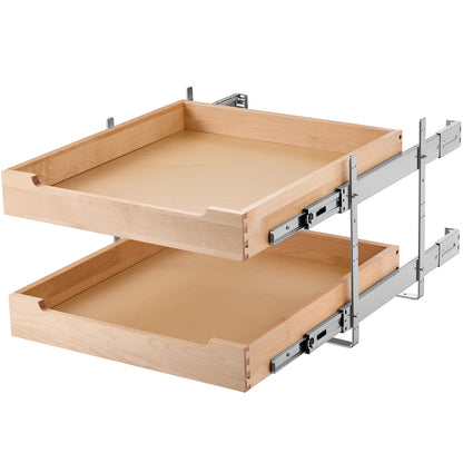 KFFKFF 2-Tier Pull-Out Cabinet Organizer, 20"W x 21"D Sliding Drawer, Soft-Close Shelf, Durable Wooden Design, Adjustable Base for Kitchen, Pantry, or Bathroom Storage