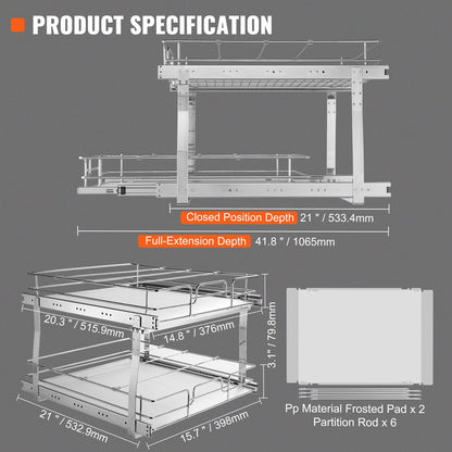 KFFKFF 2-Tier Pull-Out Cabinet Organizer, 17"Wx21"Dx15"H Sliding Storage Shelves, Durable Steel Roll-Out Drawers for Home, Fits 18.5"Wx22"Dx18"H Cabinet Installation