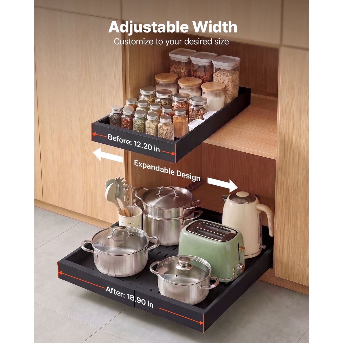 KFFKFF Pull-Out Cabinet Organizer, 4-Pack Adjustable Width (12.2"-18.9"), 20.47" Deep Sliding Drawers for Kitchen and Pantry Cabinets, Includes Nano Adhesive Strips, Black