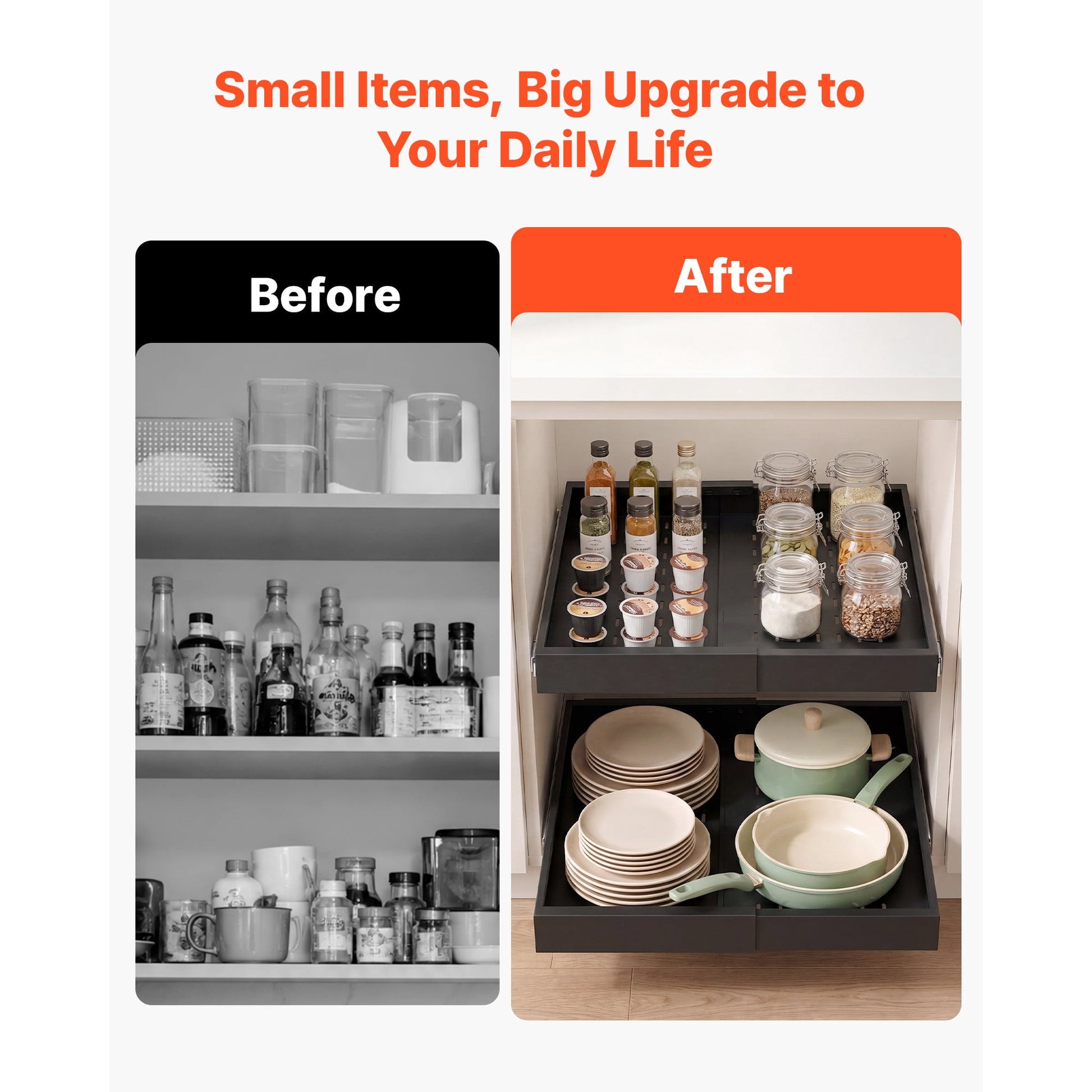 KFFKFF Pull-Out Cabinet Organizer, 4-Pack Adjustable Width (12.2"-18.9"), 20.47" Deep Sliding Drawers for Kitchen and Pantry Cabinets, Includes Nano Adhesive Strips, Black