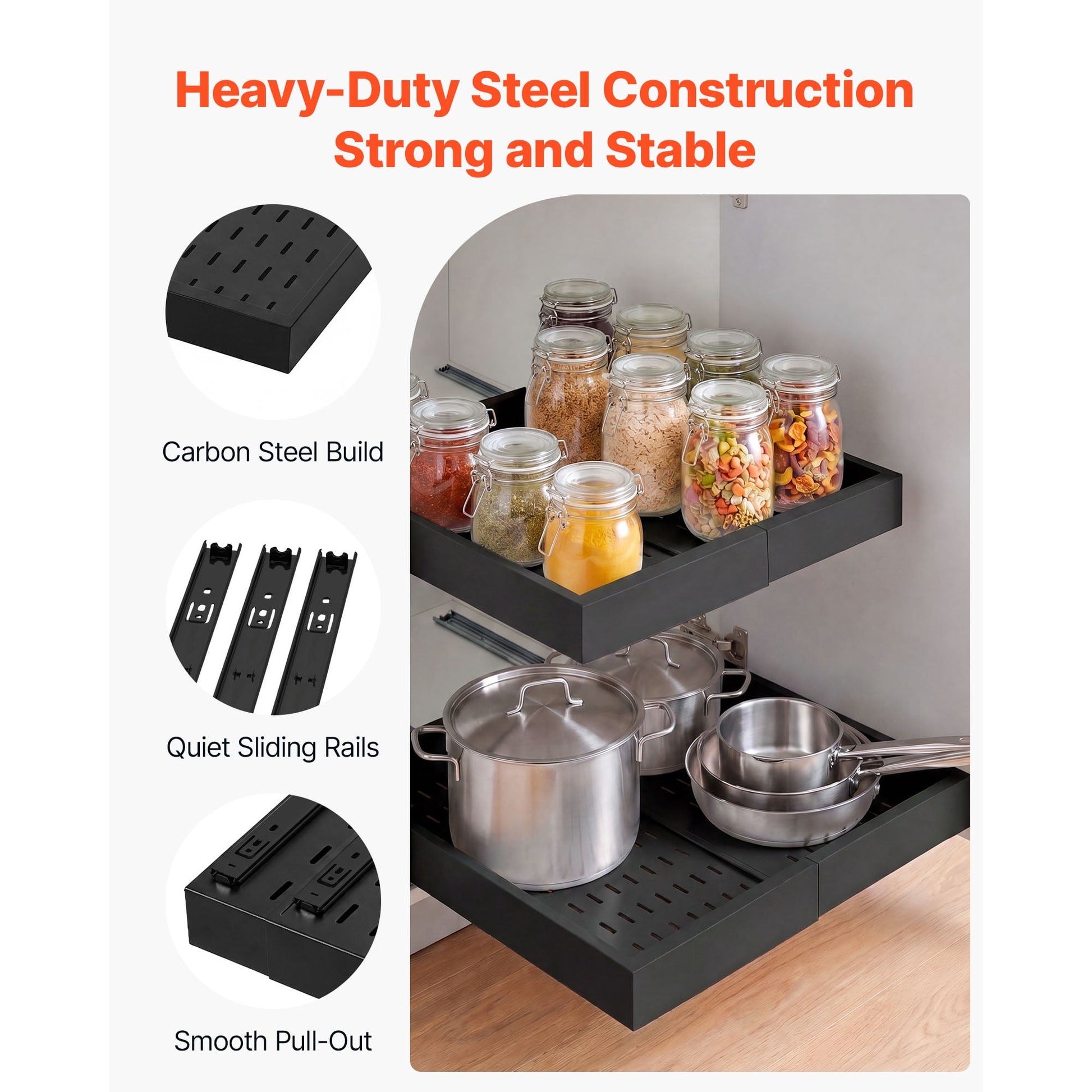 KFFKFF Pull-Out Cabinet Organizer, 4-Pack Adjustable Width (12.2"-18.9"), 20.47" Deep Sliding Drawers for Kitchen and Pantry Cabinets, Includes Nano Adhesive Strips, Black