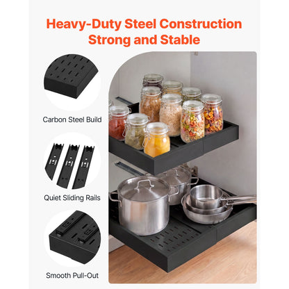 KFFKFF Pull-Out Cabinet Organizer, 4-Pack Adjustable Width (12.2"-18.9"), 20.47" Deep Sliding Drawers for Kitchen and Pantry Cabinets, Includes Nano Adhesive Strips, Black