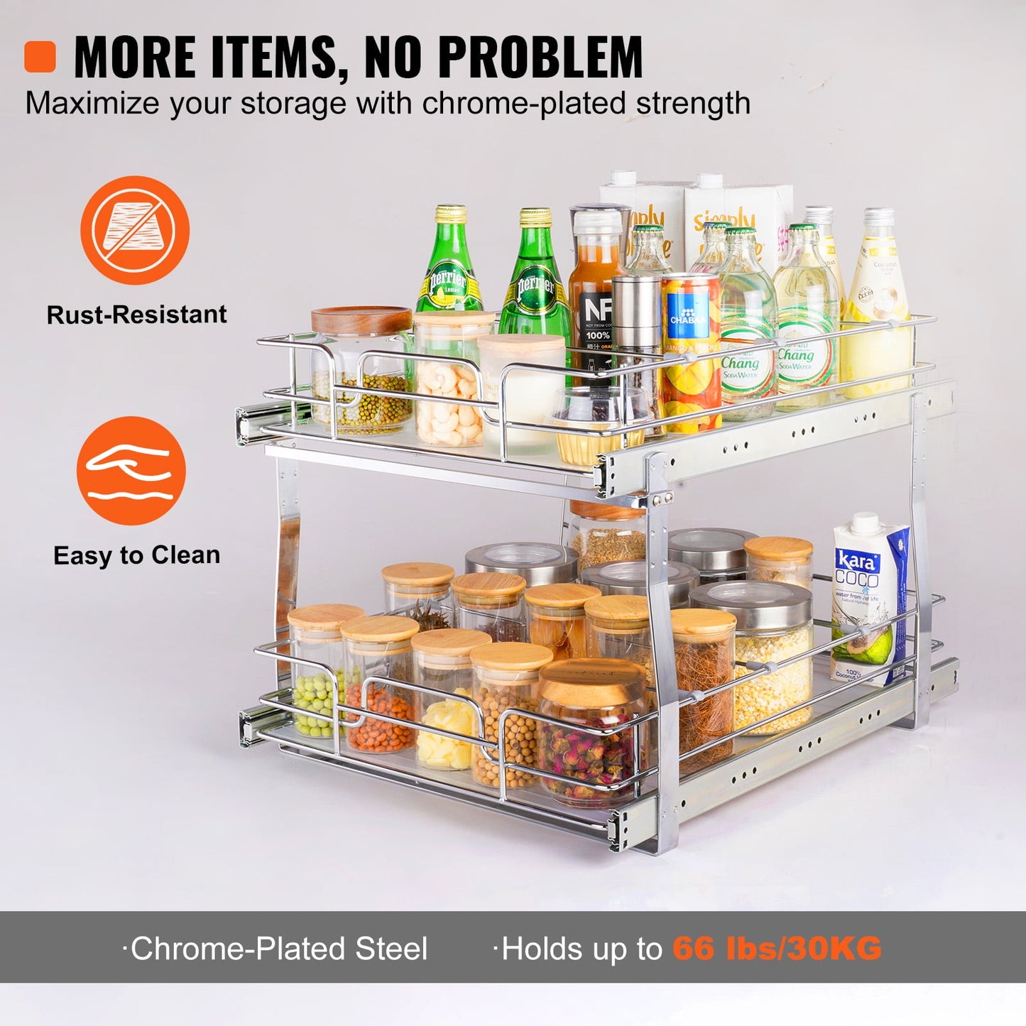 KFFKFF 2-Tier Pull-Out Cabinet Organizer, 17"Wx21"Dx15"H Sliding Storage Shelves, Durable Steel Roll-Out Drawers for Home, Fits 18.5"Wx22"Dx18"H Cabinet Installation