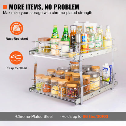 KFFKFF 2-Tier Pull-Out Cabinet Organizer, 17"Wx21"Dx15"H Sliding Storage Shelves, Durable Steel Roll-Out Drawers for Home, Fits 18.5"Wx22"Dx18"H Cabinet Installation